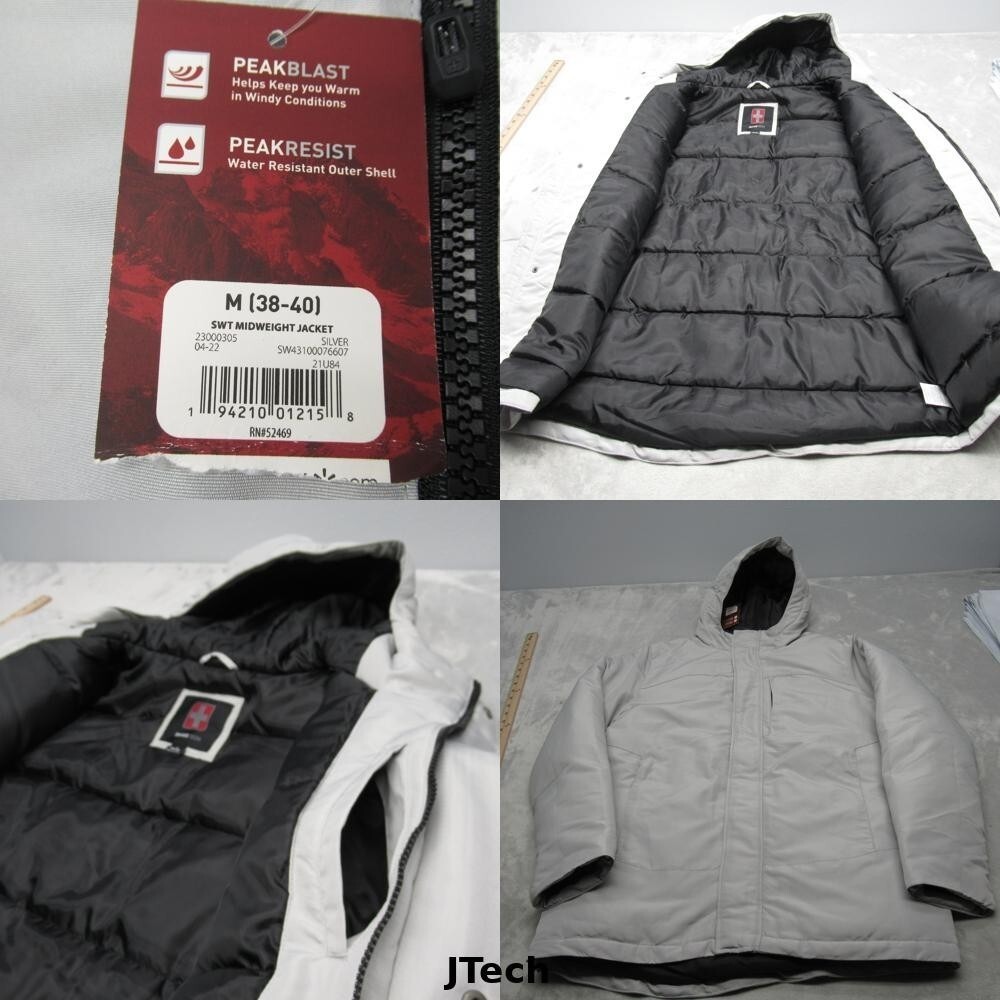 Swiss Tech Jacket Mens Medium Silver Insulated Water Resistant Hooded Puffer NEW